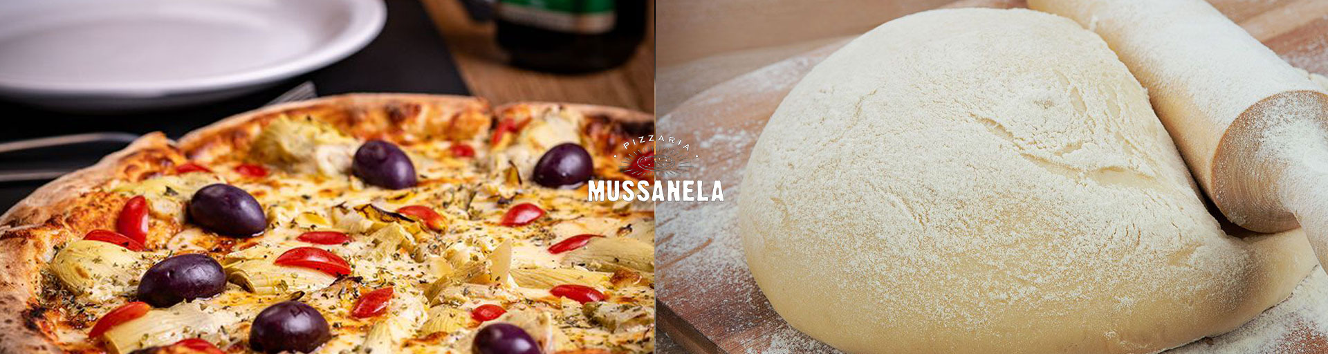 Pizza com azeitonas e alcachofras ao lado de massa artesanal com rolo, na Pizzaria Mussanela